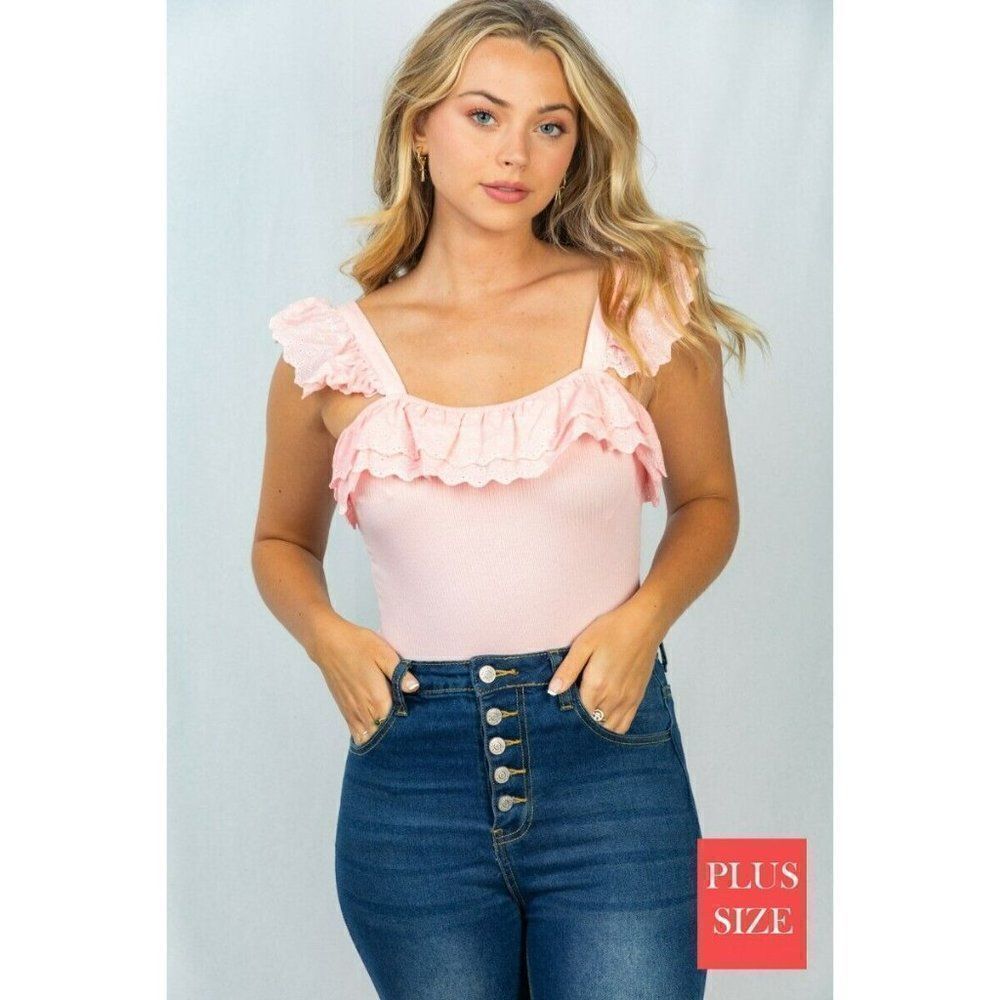 SALE WHITE BIRCH CLOTHING EYELET RUFFLE DETAIL BODYSUIT PINK PLUS SIZE B23468P